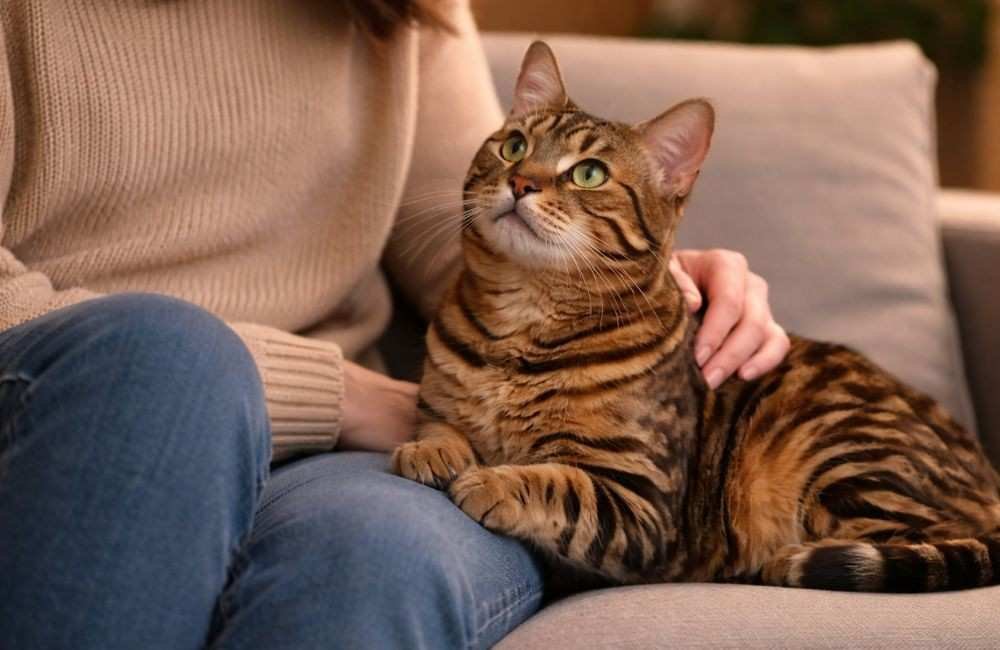 Bengal cat and owner bonding through calm eye contact
