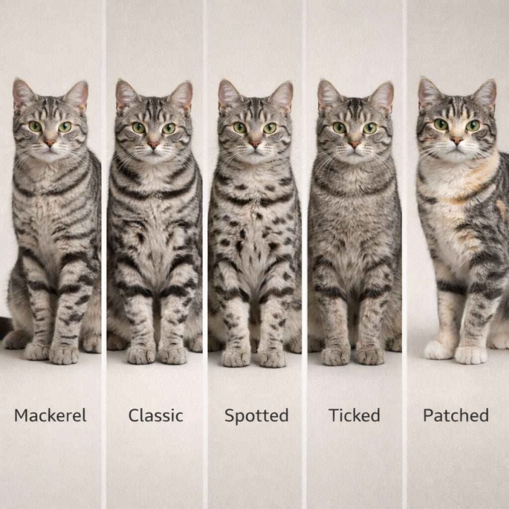 grey tabby cats showing mackerel classic spotted ticked and patched patterns