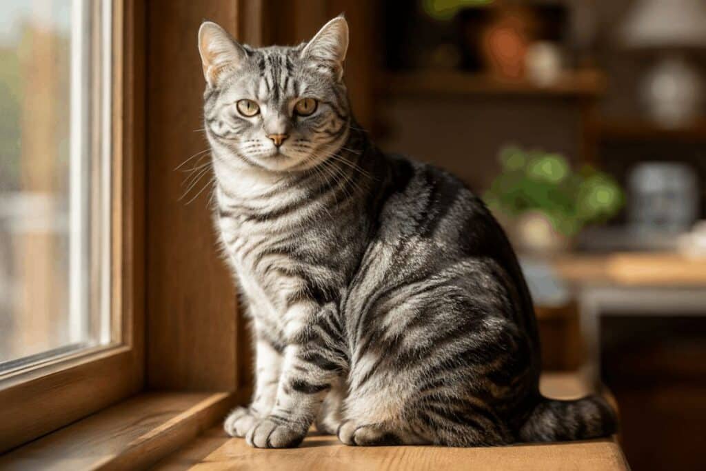 Grey tabby cat sitting in sunlight showing classic silver coat and dark M marking on forehead