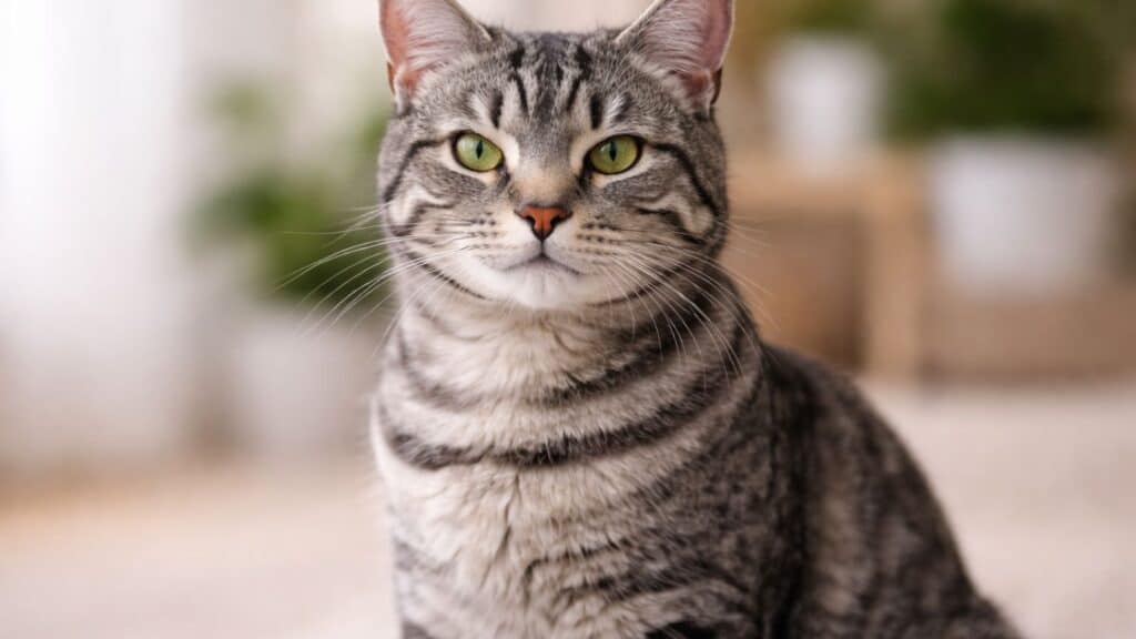 Grey tabby cat with bold silver stripes and M marking on forehead
