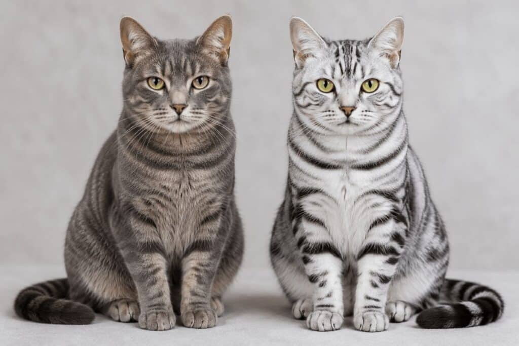 Side by side comparison of grey tabby cat and silver tabby cat showing coat color and stripe difference