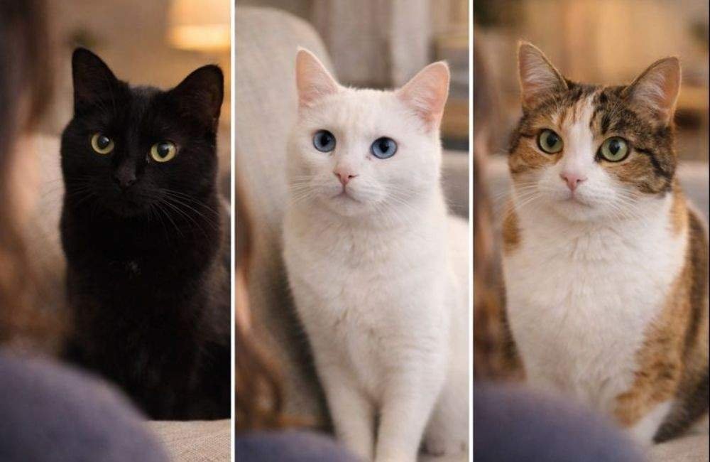 Different cats staring at their owners for various reasons
