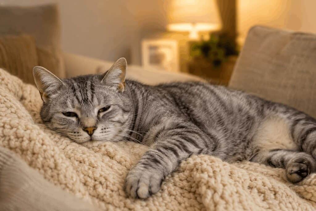 Senior grey tabby cat resting comfortably on soft cream blanket showing healthy older cat