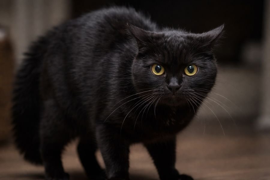 Black cat staring with dilated pupils showing stress or anxiety
