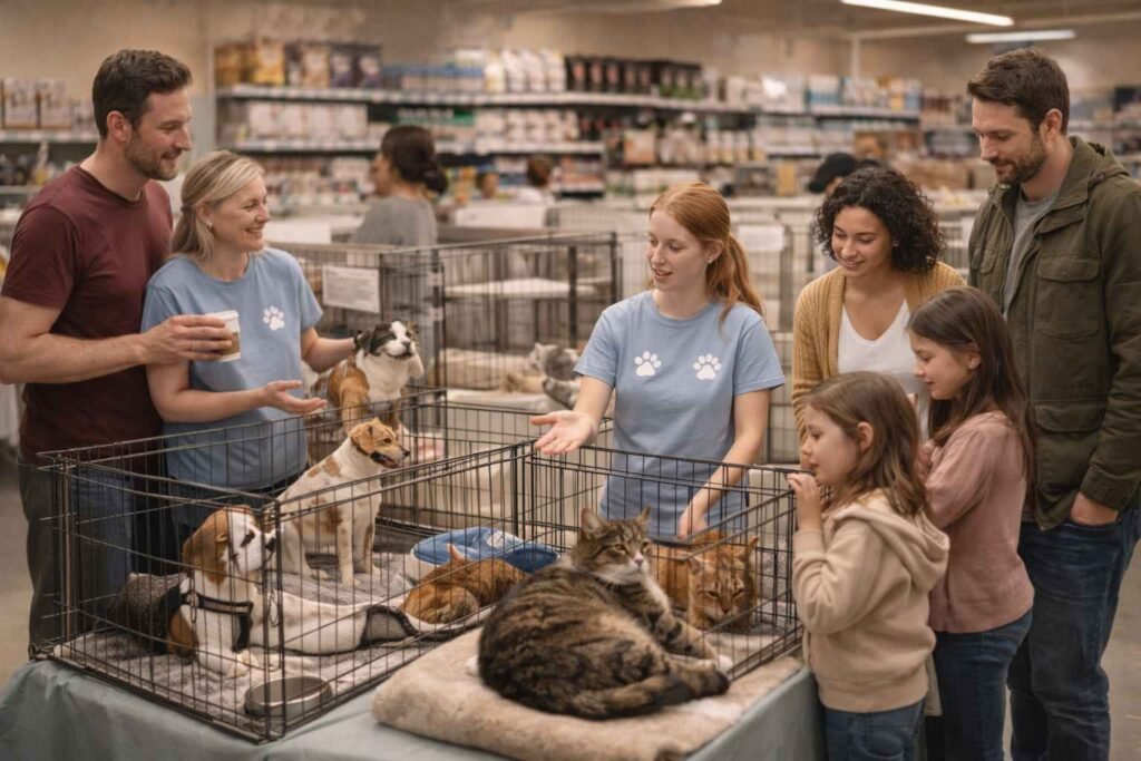 Wide-angle view of a PetSmart weekend adoption event with dogs and cats, volunteers, and families
