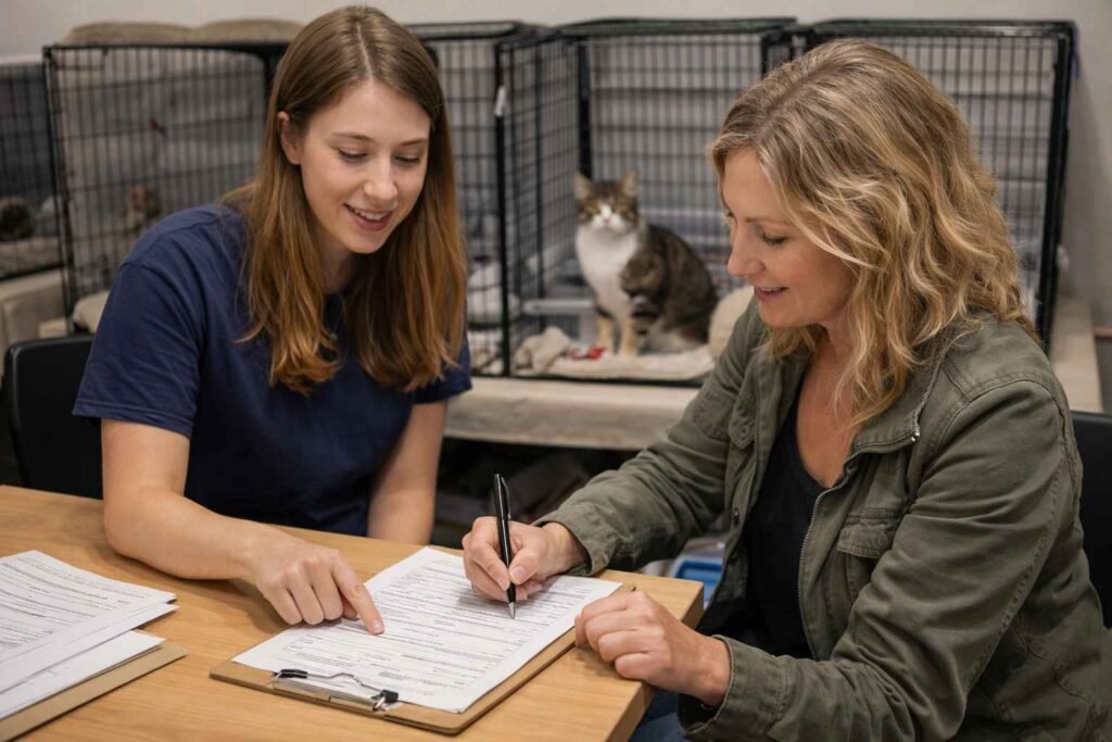 Volunteer assisting a visitor with PetSmart adoption paperwork while cats wait in background