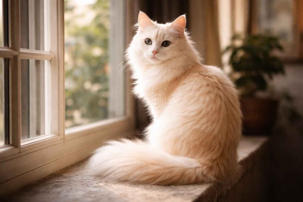 Rare colored Turkish Angora cat displaying silky long fur