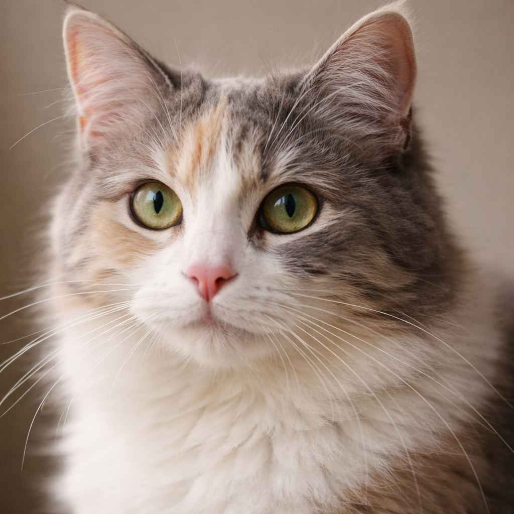 Close-up of dilute calico cat face showing muted cat colors