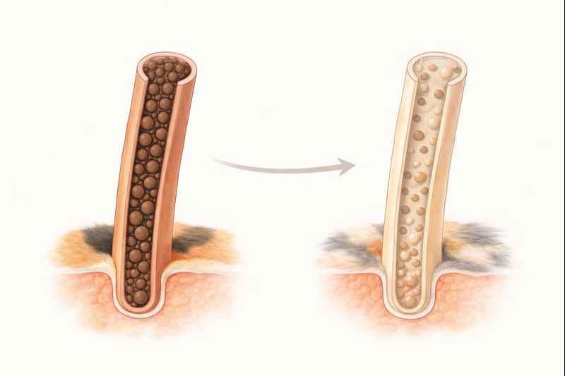 Dilute calico cat sitting upright showing how dilute gene creates soft cream and gray fur