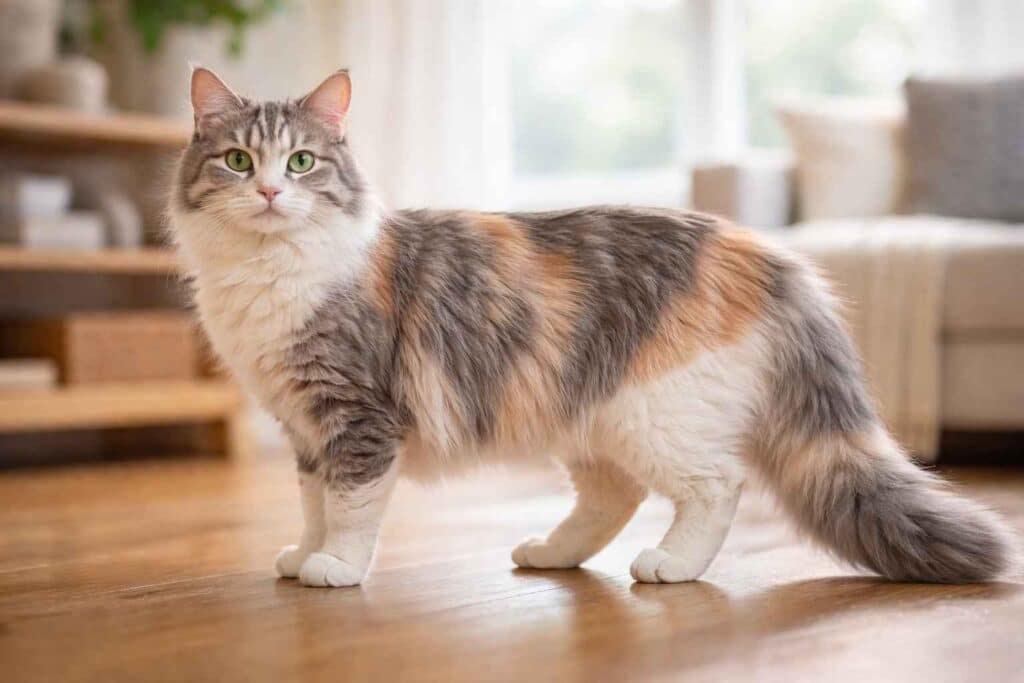Rare dilute calico cat standing sideways showing cream, gray, and white pastel coat