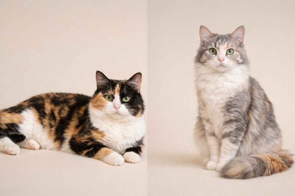 Comparison of regular calico cat with bold black and orange and dilute calico cat with soft gray and cream patches