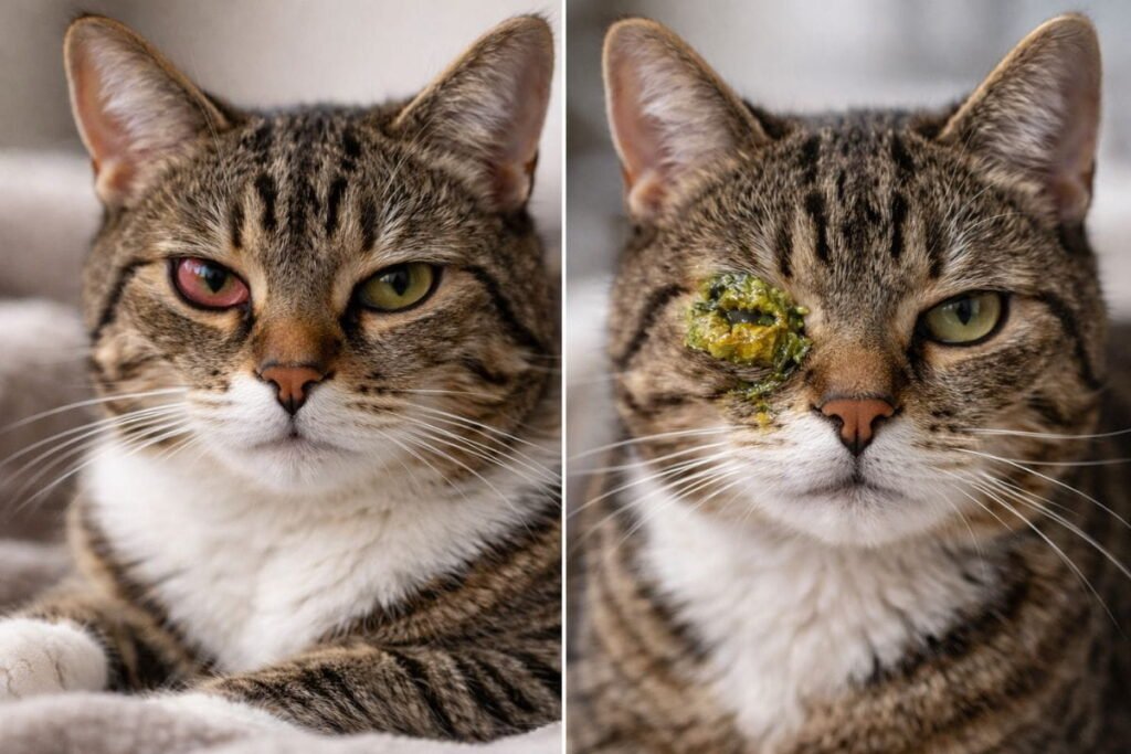 Comparison of mild and severe cat eye infection symptoms with red eyes, discharge, and swelling