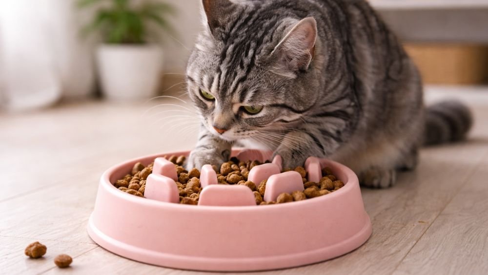 Cat vomiting prevention using slow feeder bowl