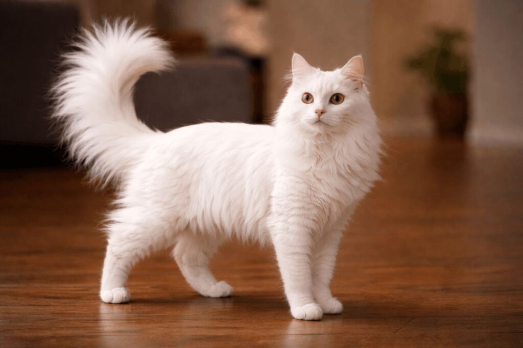 Turkish Angora cat showing athletic body structure and long plume tail in natural pose