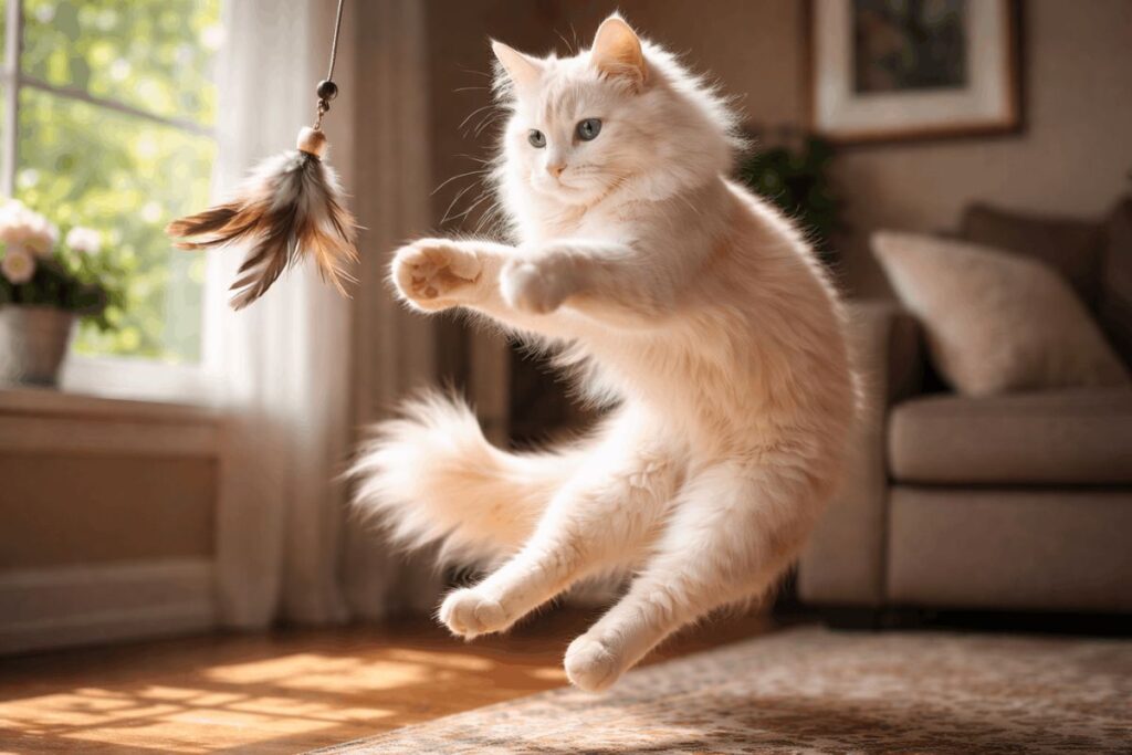Playful Turkish Angora cat jumping indoors showing high energy and active personality