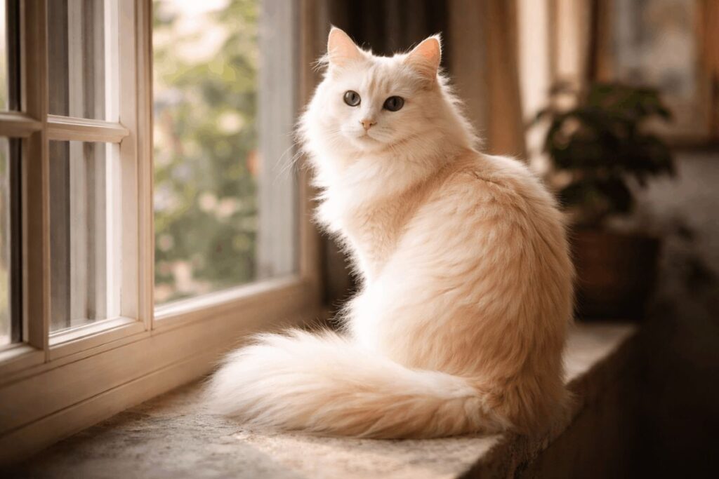 Rare colored Turkish Angora cat displaying silky long fur and elegant coat pattern