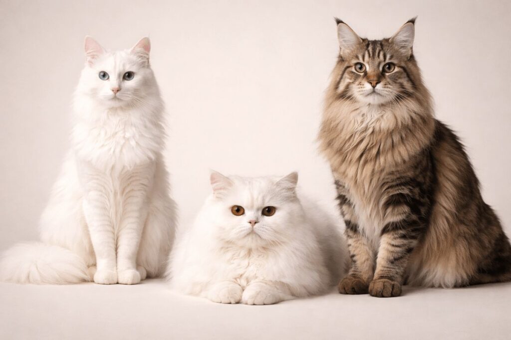 Turkish Angora cat compared with Persian and Maine Coon showing size and coat differences