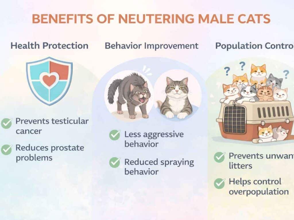 Infographic showing benefits of neutering male cats including health and population control
