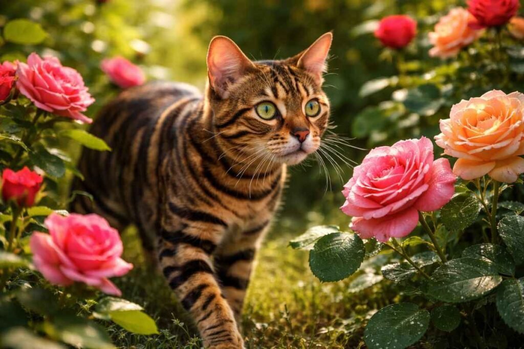 Bengal cat exploring a colorful outdoor rose garden safely, illustrating cats and garden plants.