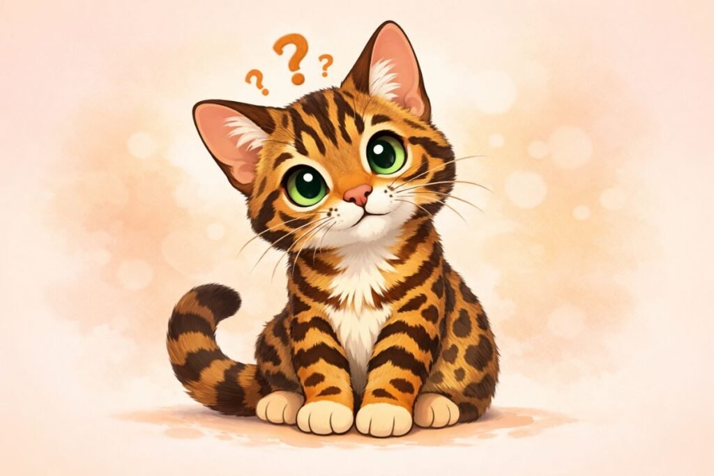 Illustrated Bengal cat character for FAQs about Bengal cat price and ownership