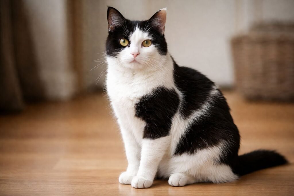 Patchy black and white cat showing unique coat patterns and markings