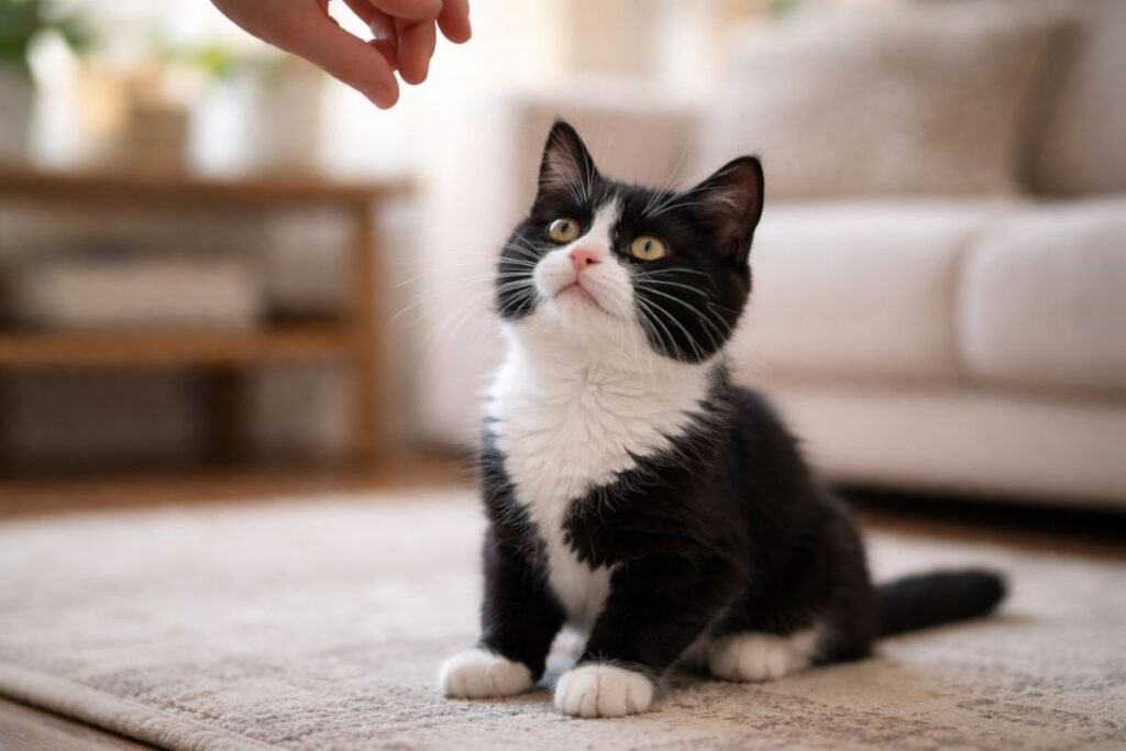 Playful black and white kitten bonding with owner, showing importance of naming cats