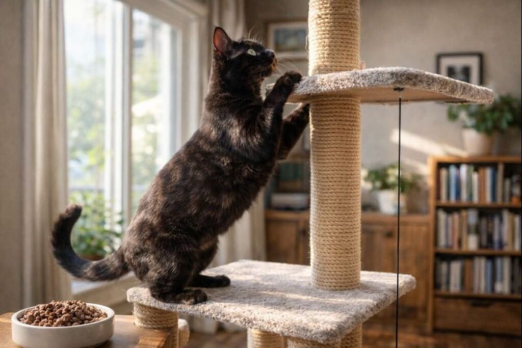 Black Bengal cat climbing cat tree in apartment, showing indoor enrichment for active cats, ultra-realistic photography