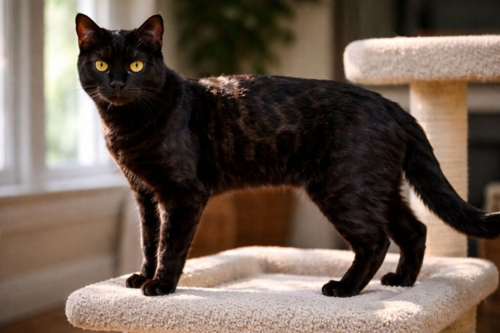 Black Bengal cat standing on cat tree showing athletic build, long limbs, and amber eyes, realistic indoor photography