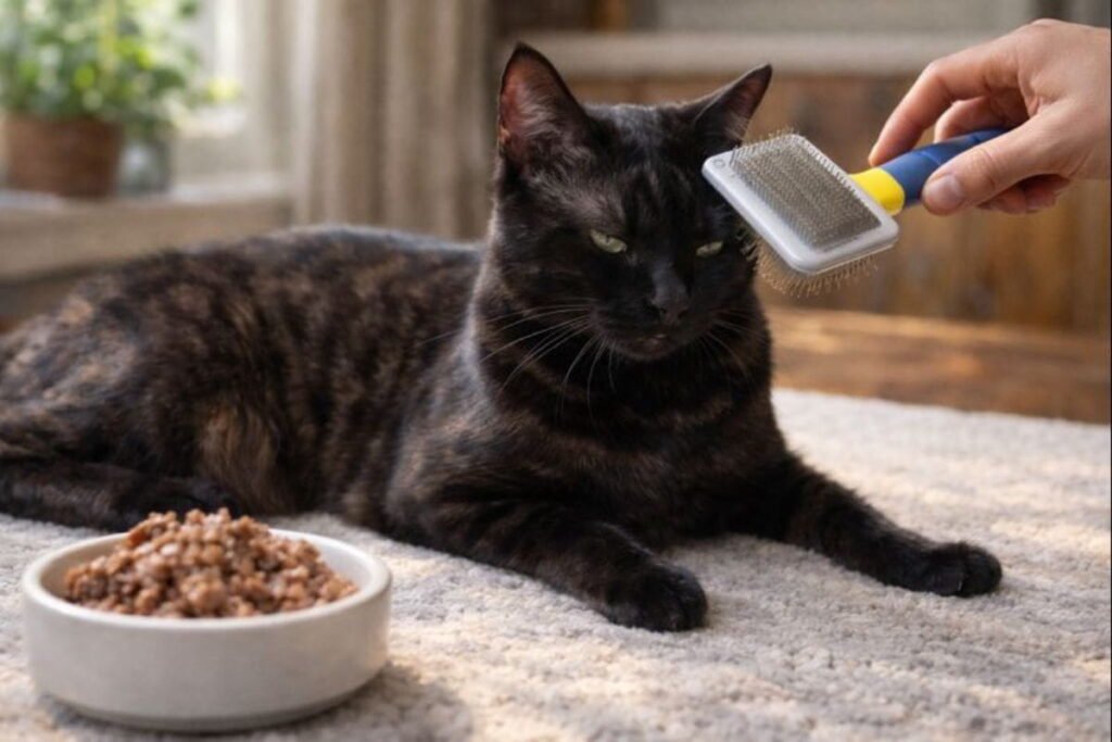 Black Bengal cat being brushed with high-protein cat food nearby, showing grooming and care routine, ultra-realistic photography