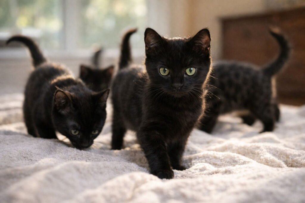 Litter of black Bengal kittens playing on a blanket, showing rare Bengal cat colors, ultra-realistic photo