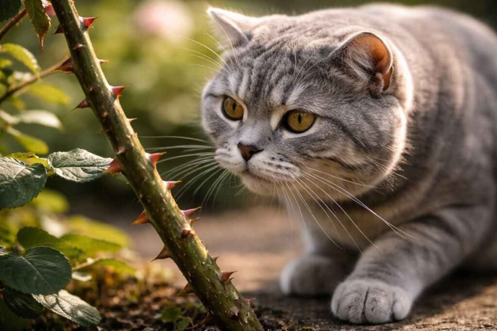 British Shorthair cat approaching a rose stem with sharp thorns, illustrating potential dangers for cats.