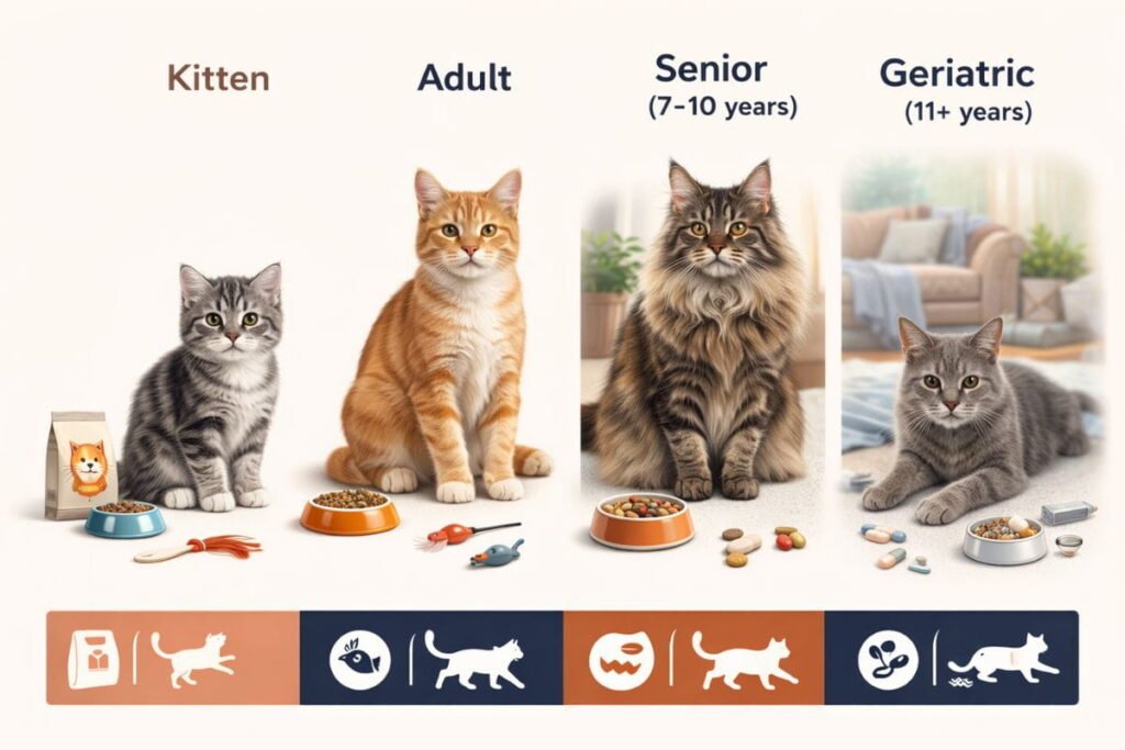 Educational infographic showing cat age stages and corresponding nutrition needs for senior cats