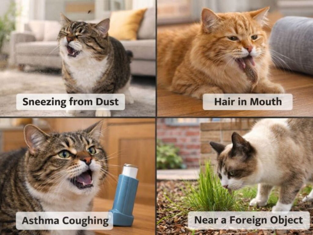 Infographic showing common causes of cat coughing including asthma, hairballs, allergens, and inhaled foreign objects