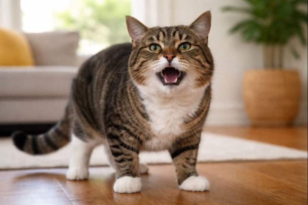 Cat showing emergency coughing signs including open mouth breathing and bluish gums indicating respiratory distress