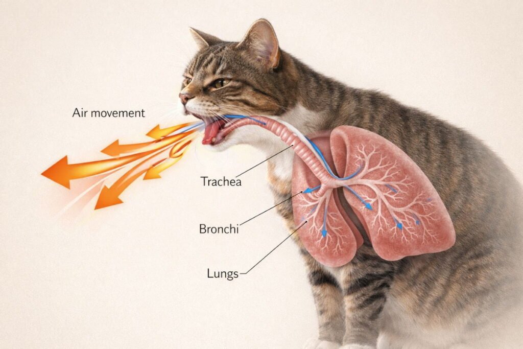 Diagram of cat airway showing how coughing expels air and mucus from lungs