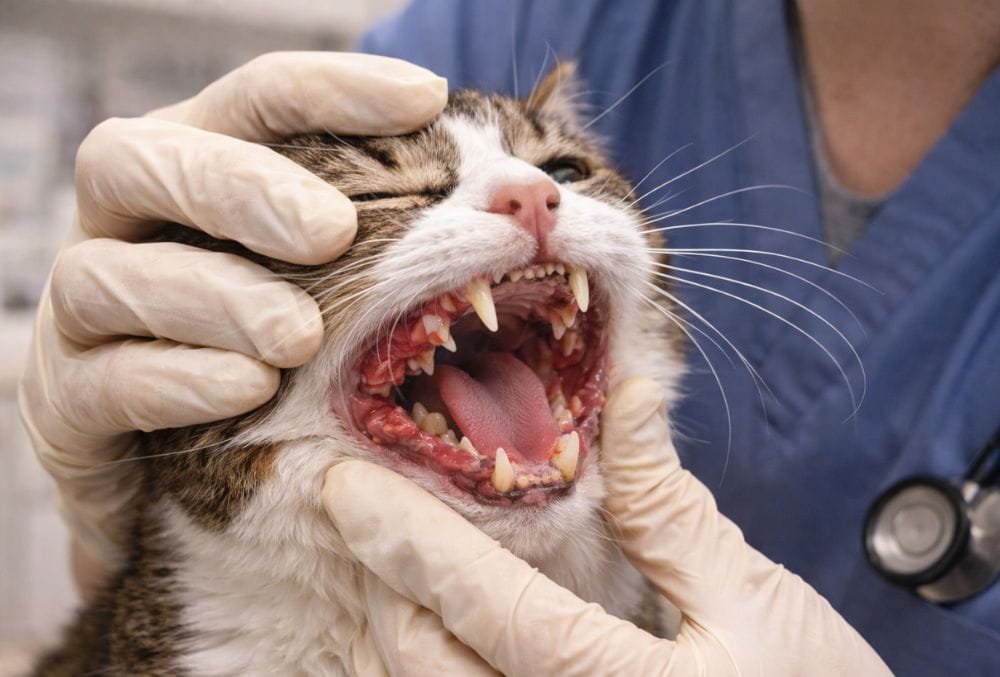 Veterinarian checking an adult cat for dental problems such as gingivitis and tartar
