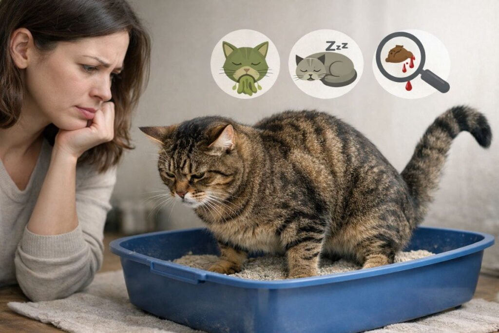 Signs of cat diarrhea including vomiting, blood in stool, lethargy in cats