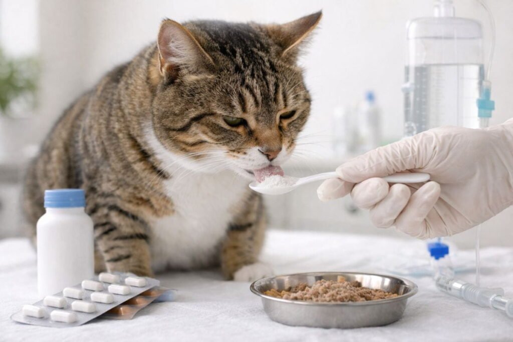 Cat diarrhea treatment including probiotics, anti-diarrheal medications, and vet-approved diet for cats