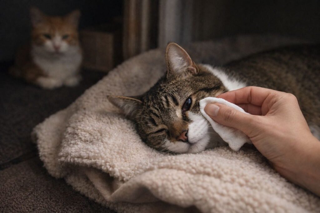 Owner gently wiping cat eye discharge in a dimly lit recovery space demonstrating safe home care