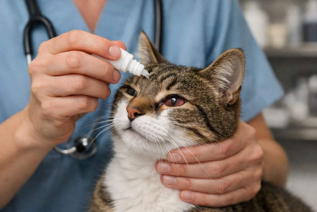 Veterinarian administering cat eye infection treatment with eye drops to a domestic cat