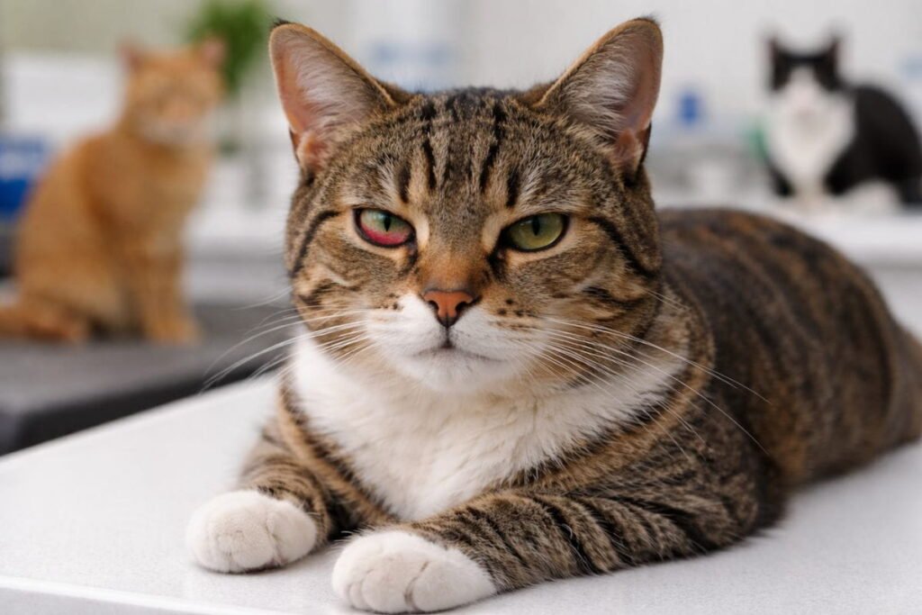 Domestic cat with red eye showing signs of conjunctivitis and other types of cat eye infections