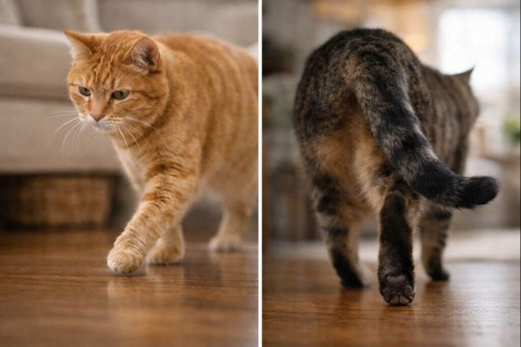 Comparison of front leg and back leg limping in cats, showing posture differences