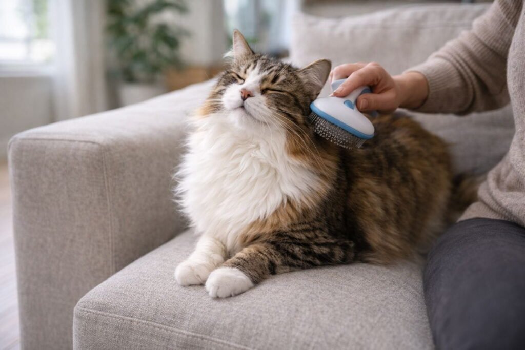 Owner grooming a cat at home to prevent hairballs and vomiting, showing preventive care for cat health