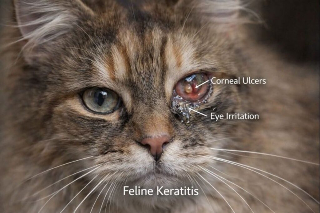 Corneal ulcers and feline keratitis in cats caused by untreated cat herpes infection