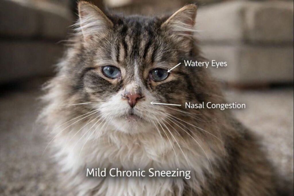 Cat showing early cat herpes symptoms including sneezing, nasal congestion, and watery eyes