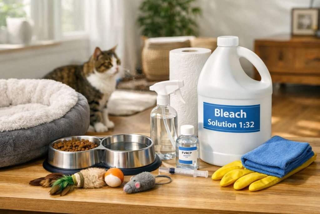 Disinfecting cat bowls, bedding, and toys using bleach solution to prevent cat herpes spread