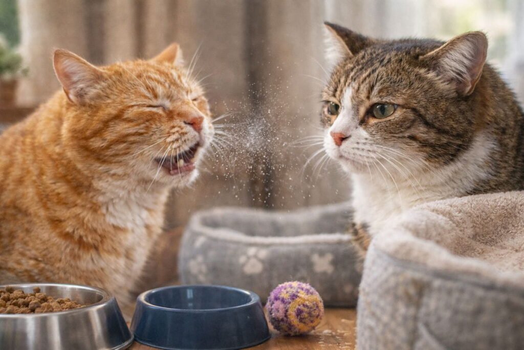 Cat herpes transmission through sneezing, close contact, and shared food bowls