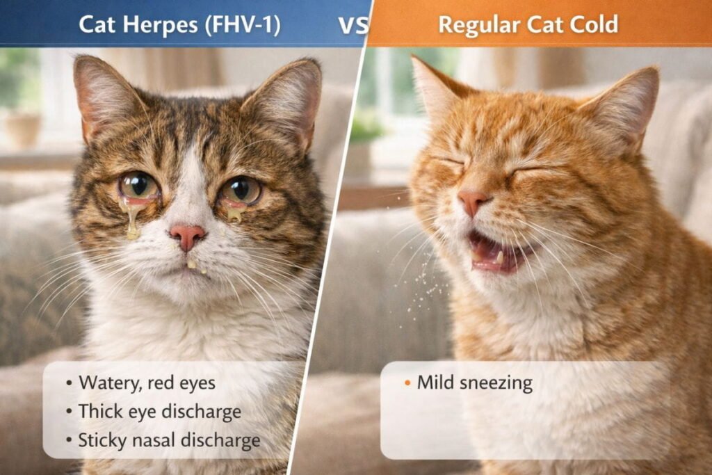 Comparison of cat herpes symptoms versus common cat cold signs in domestic cats