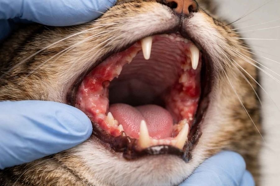 Close-up of cat’s red swollen gums showing mouth inflammation from stomatitis