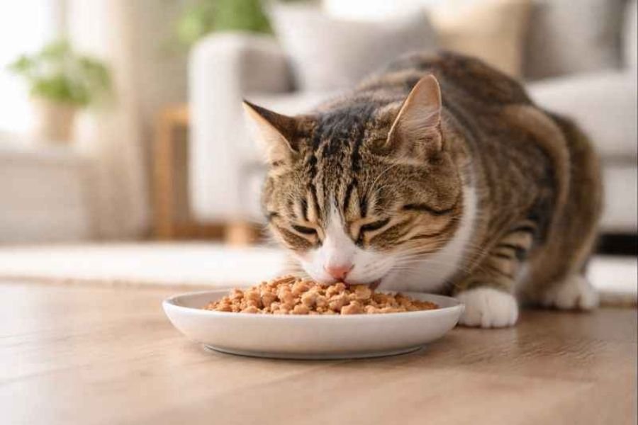 Cat eating soft food comfortably during recovery after stomatitis treatment